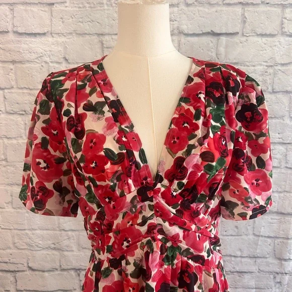 Romantic Floral Mini Dress Red & Pink Roses Empire Waist Low Cut Deep V-Neck - Picture 4 of 15